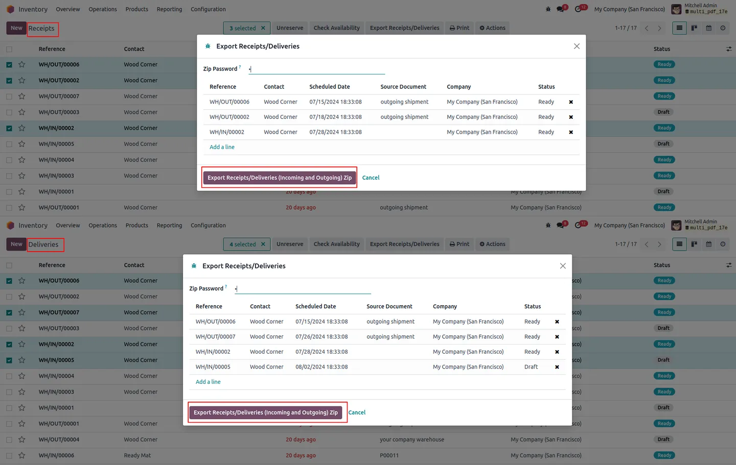 Inventory operations list filtered for batch export to a single ZIP
