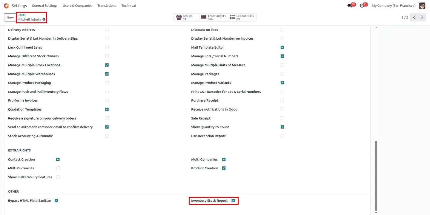 Granting users access to the Inventory Stock Card Report in Odoo settings