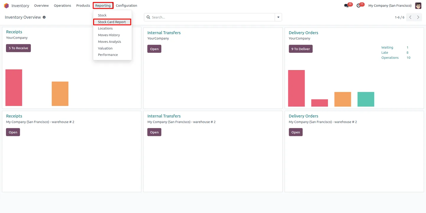 The Stock Card Report configuration screen in Odoo Inventory
