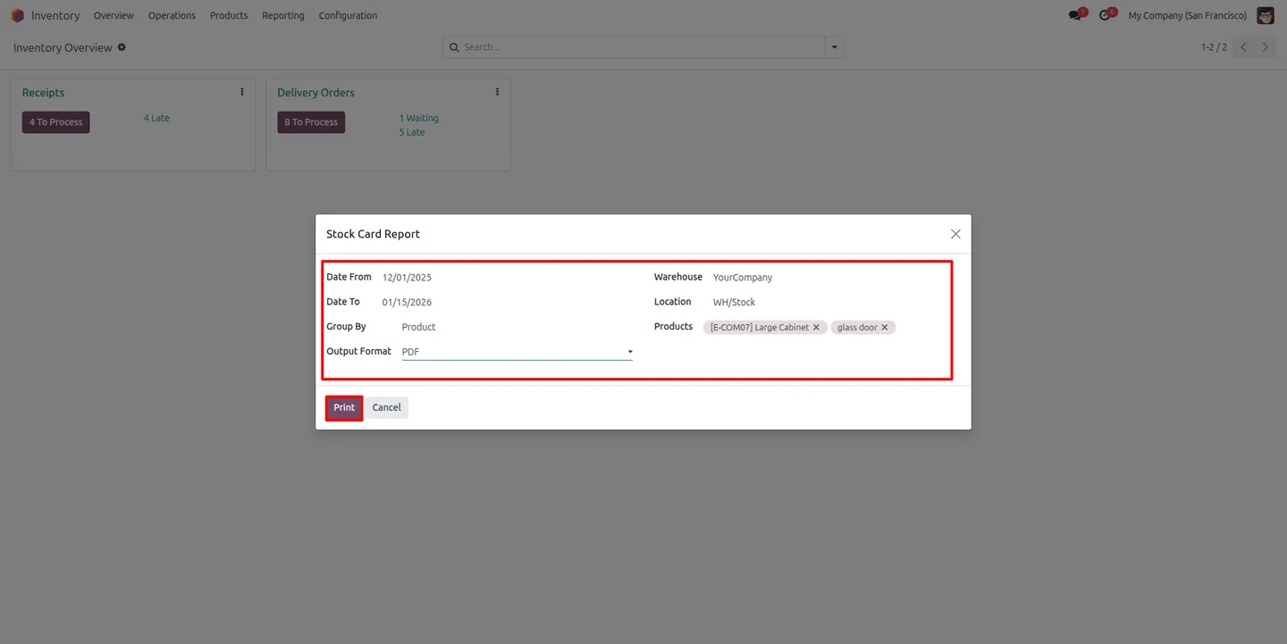 Configuring a stock card report grouped by product in Odoo