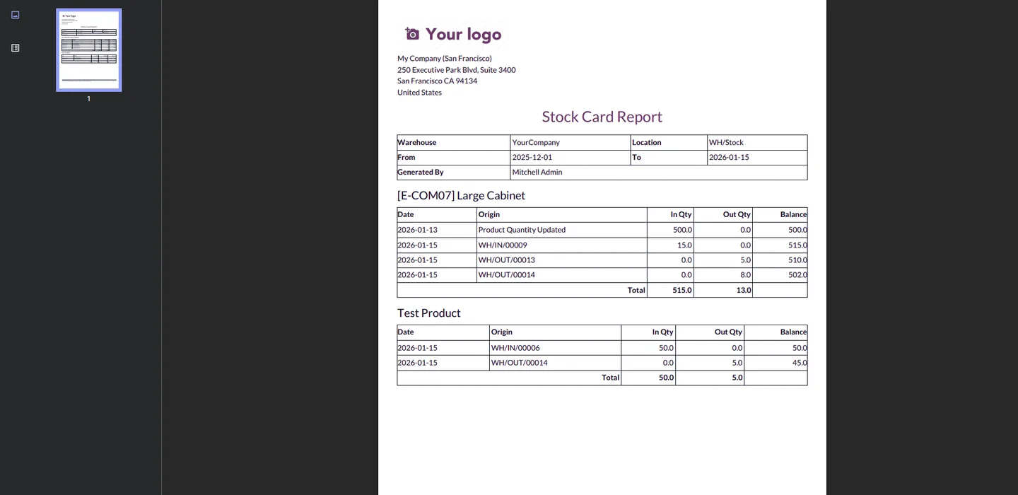 A PDF stock card report grouped by product with running balances