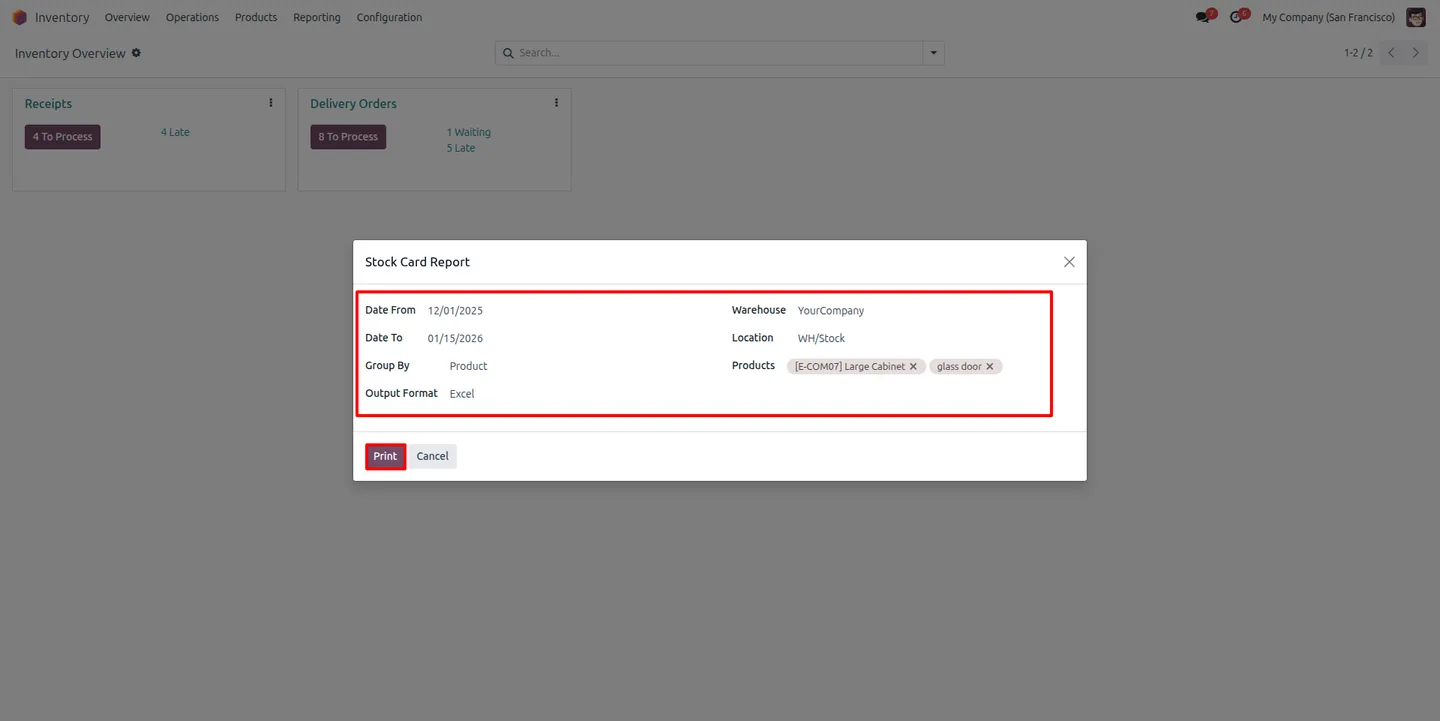 Setting up a product stock card report for Excel export in Odoo