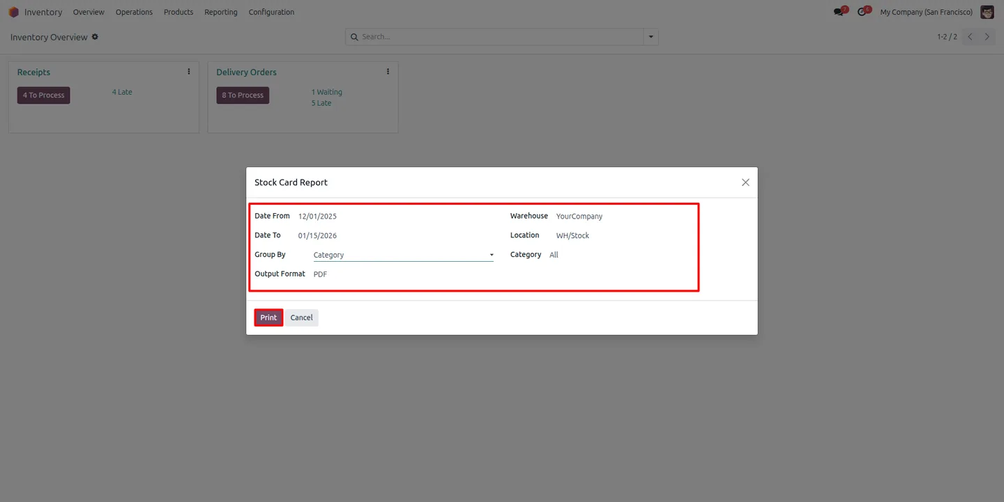 Configuring a stock card report grouped by product category in Odoo