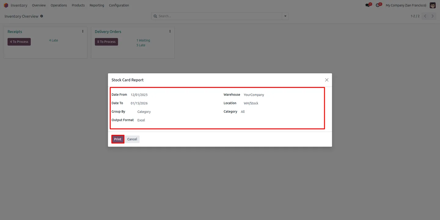 Setting up a category stock card report for Excel export in Odoo