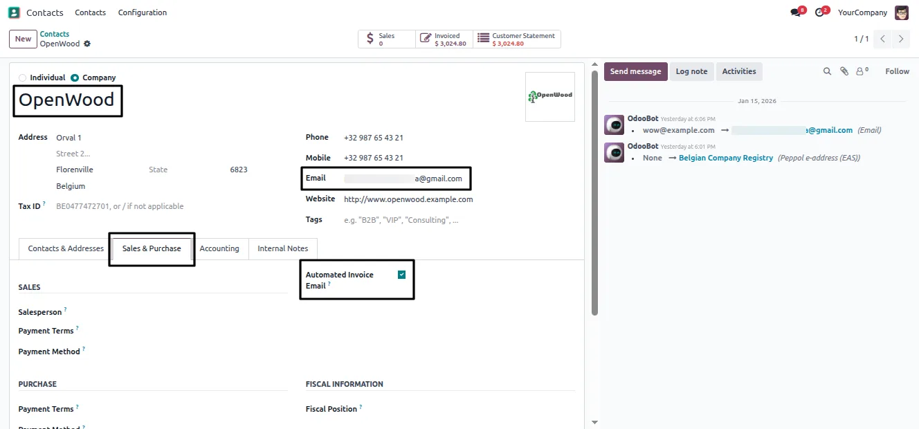 The Automated Invoice Email option on an Odoo customer contact record