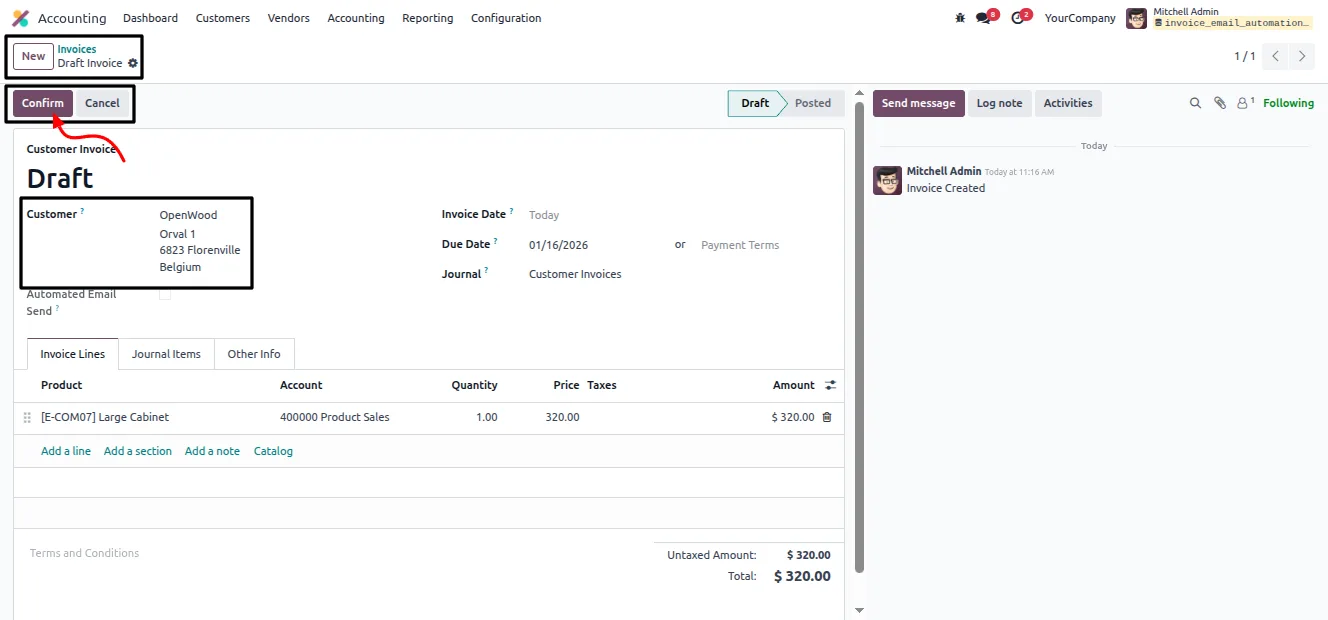 A customer invoice being validated in Odoo Accounting