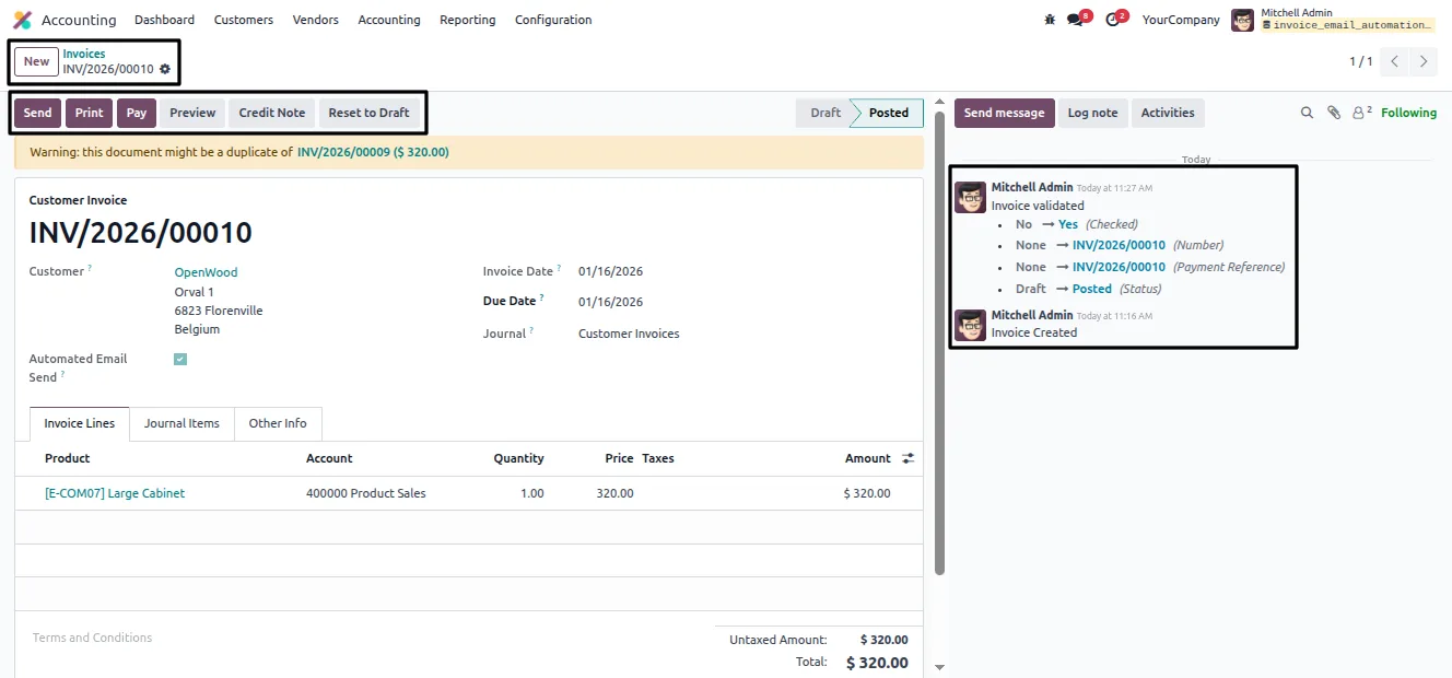 An invoice email sent automatically to the customer from Odoo