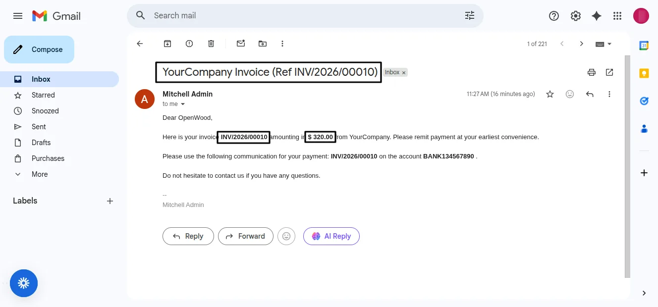 The Accounting Invoice Auto Email send logged on the invoice chatter