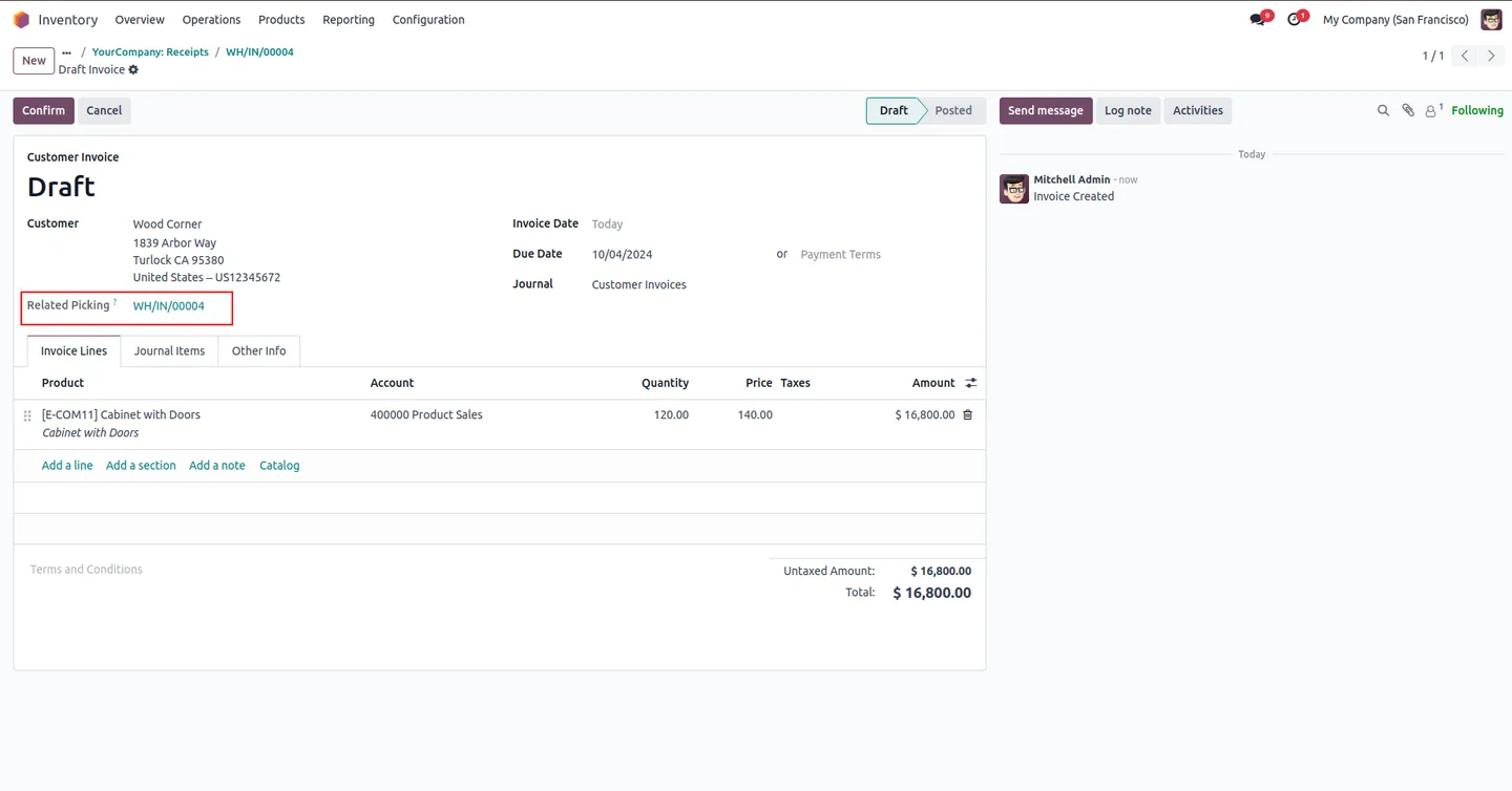 Draft customer invoice generated from an Odoo stock picking with the picking reference shown