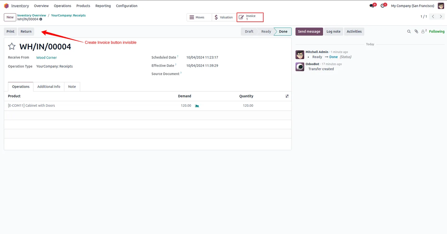 Invoices smart button on an Odoo picking showing the linked invoice count