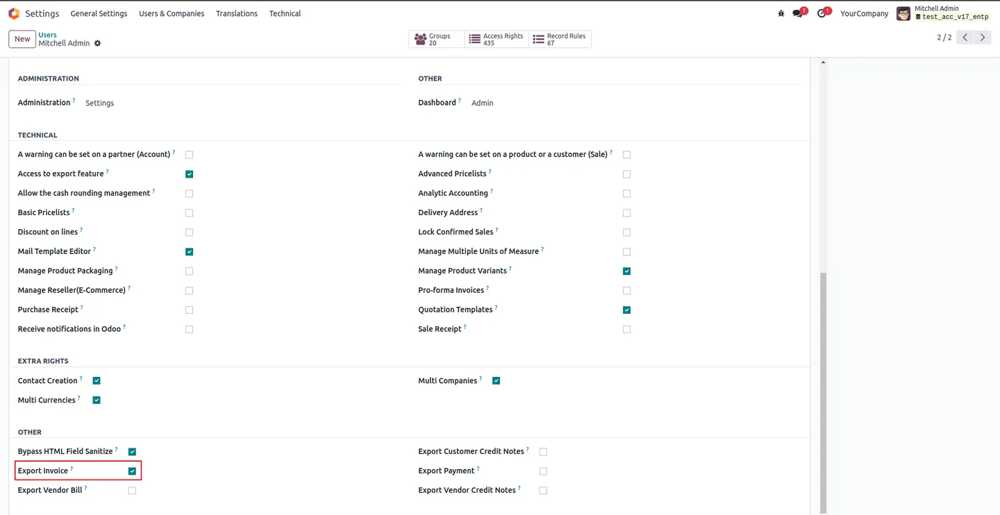 Customer Invoices tree view with the Export Invoices action enabled