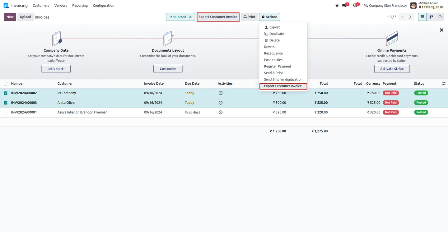 Selecting multiple Odoo customer invoices for ZIP export