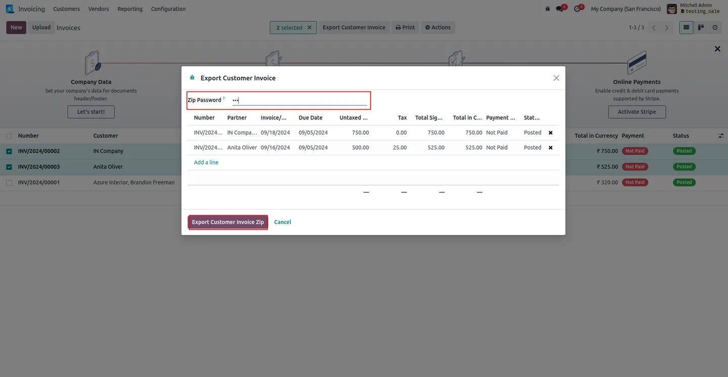 Export Invoices wizard with password-protected ZIP option