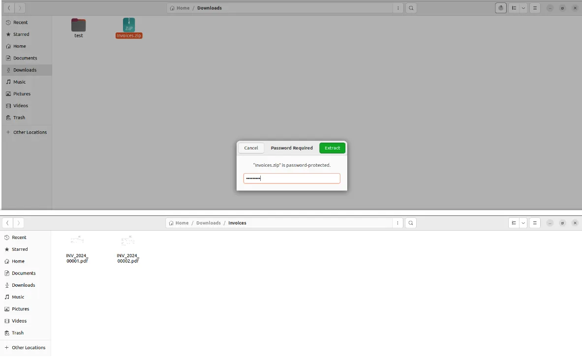 Generated password-protected ZIP of customer invoice PDFs