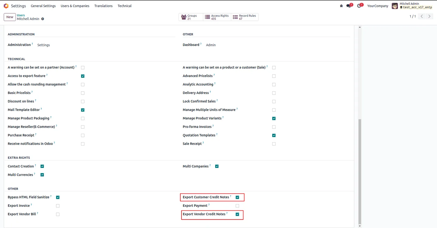 Credit Notes tree view with the bulk export action available