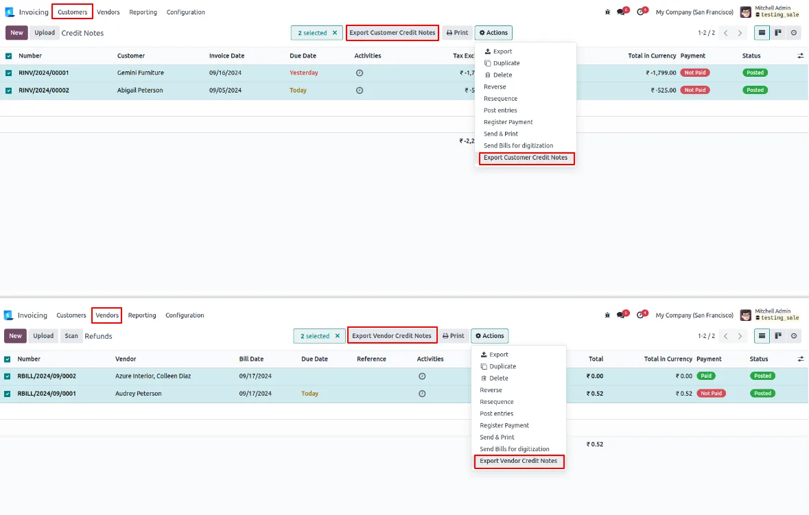 Export Credit Notes wizard for customer and vendor credit notes