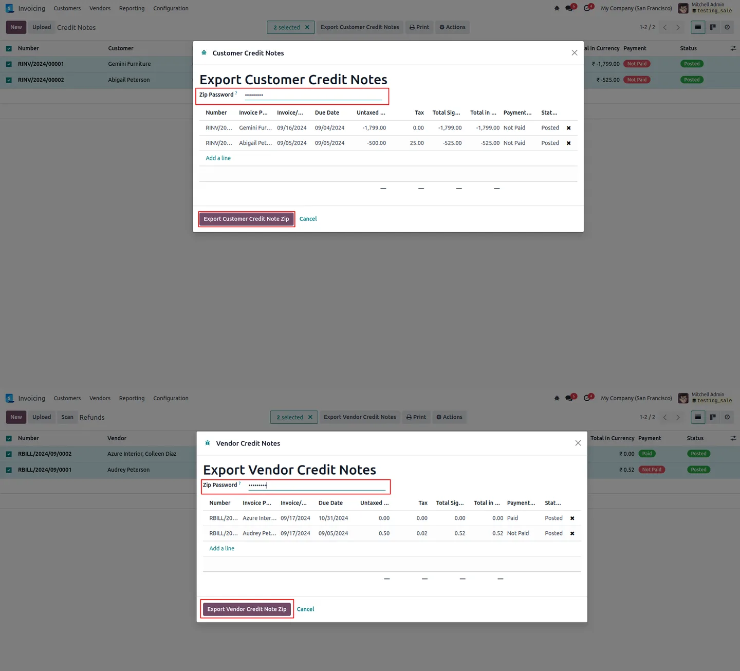 Bulk-exported credit note PDFs bundled into a single archive
