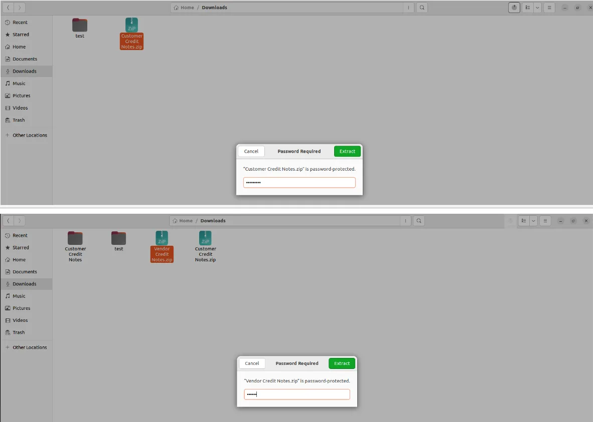 Password-protected ZIP of customer and vendor credit notes