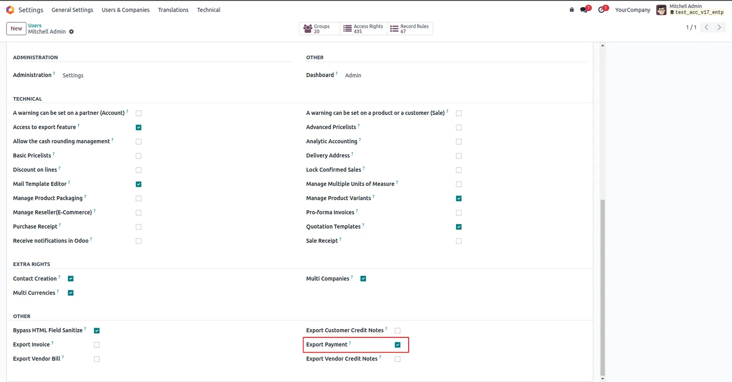 Customer Payments tree view with the Export Payments action