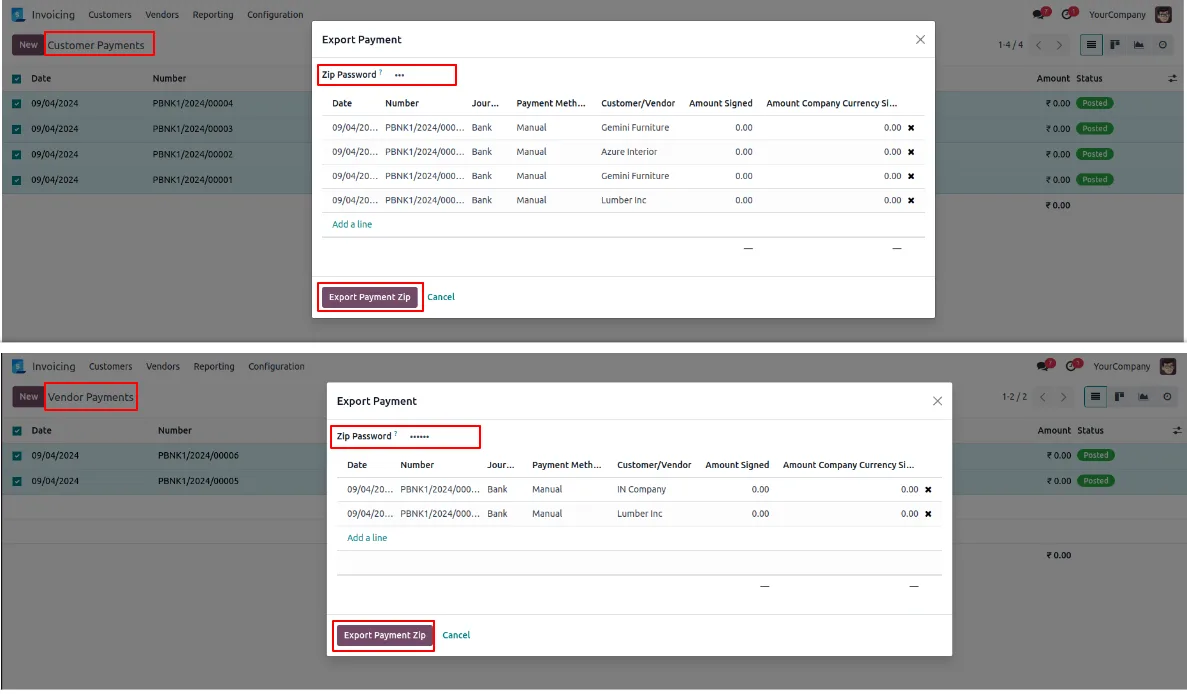 Bundled customer and vendor payment receipts in a single ZIP