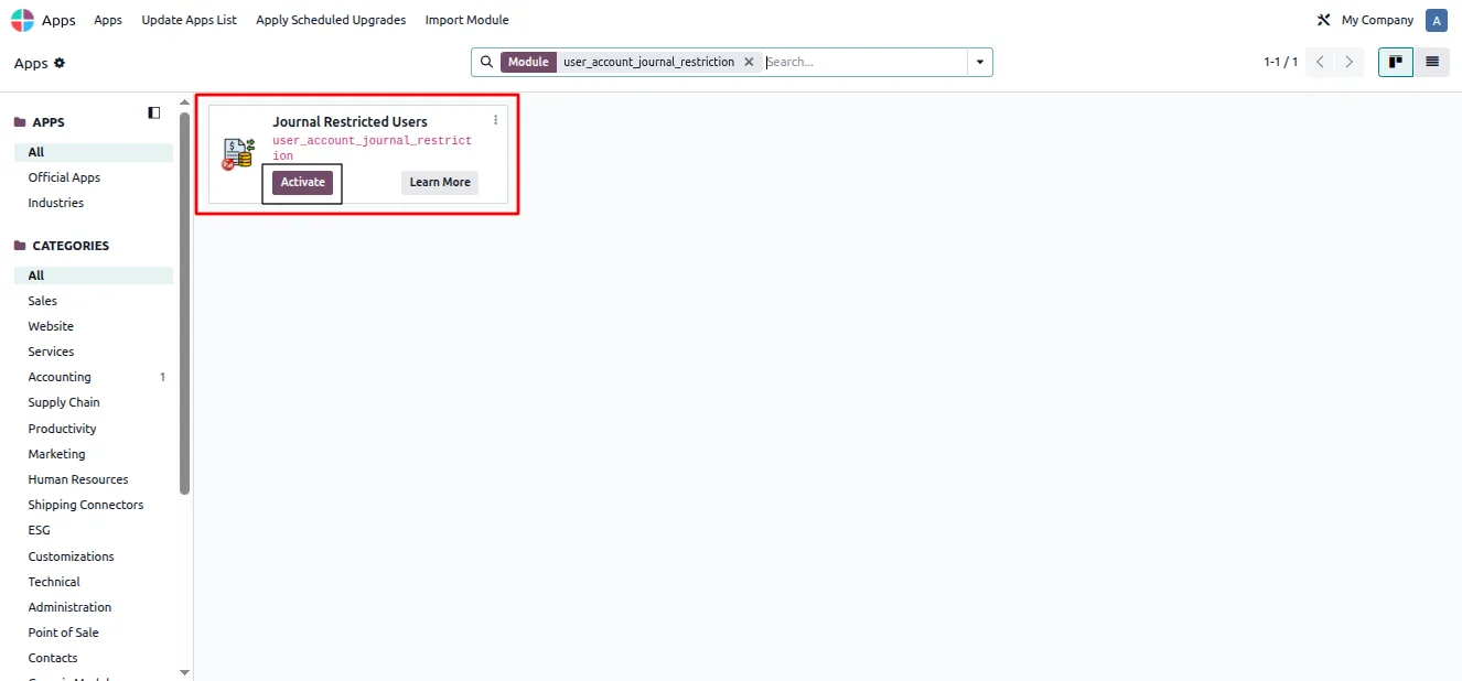 Journal Restricted Users overview for per-user journal access in Odoo