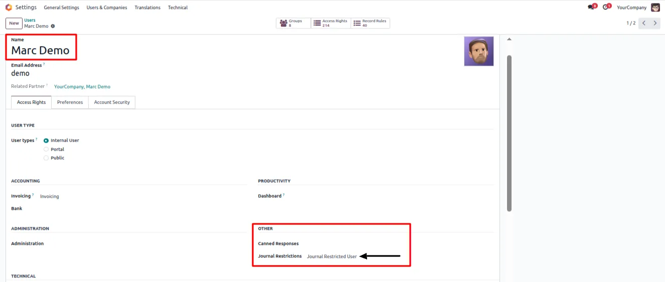 Journal Restricted User option enabled on an Odoo user record