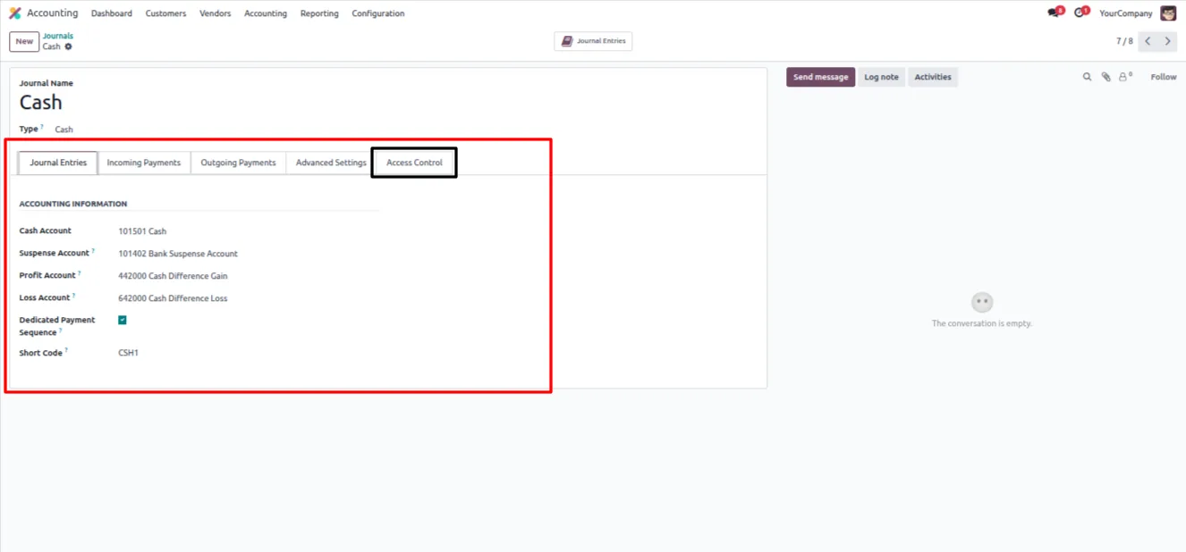 Accounting journals list in Odoo configuration