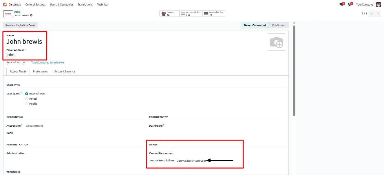 Restricted user seeing only their assigned journals in Odoo