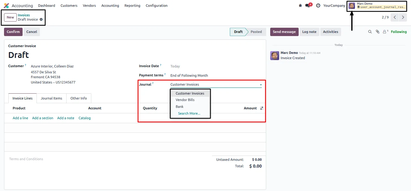 Bank and cash journals restricted per user in Odoo accounting
