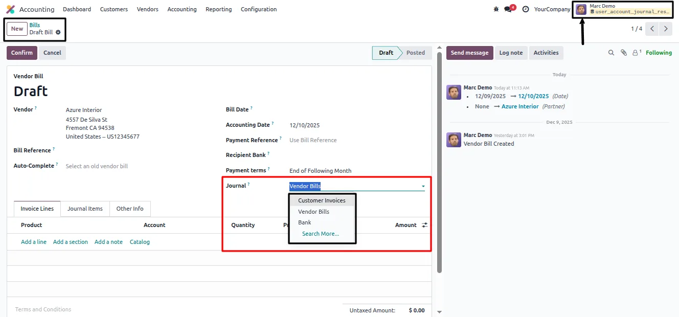 Sales and purchase journal access controlled by user in Odoo