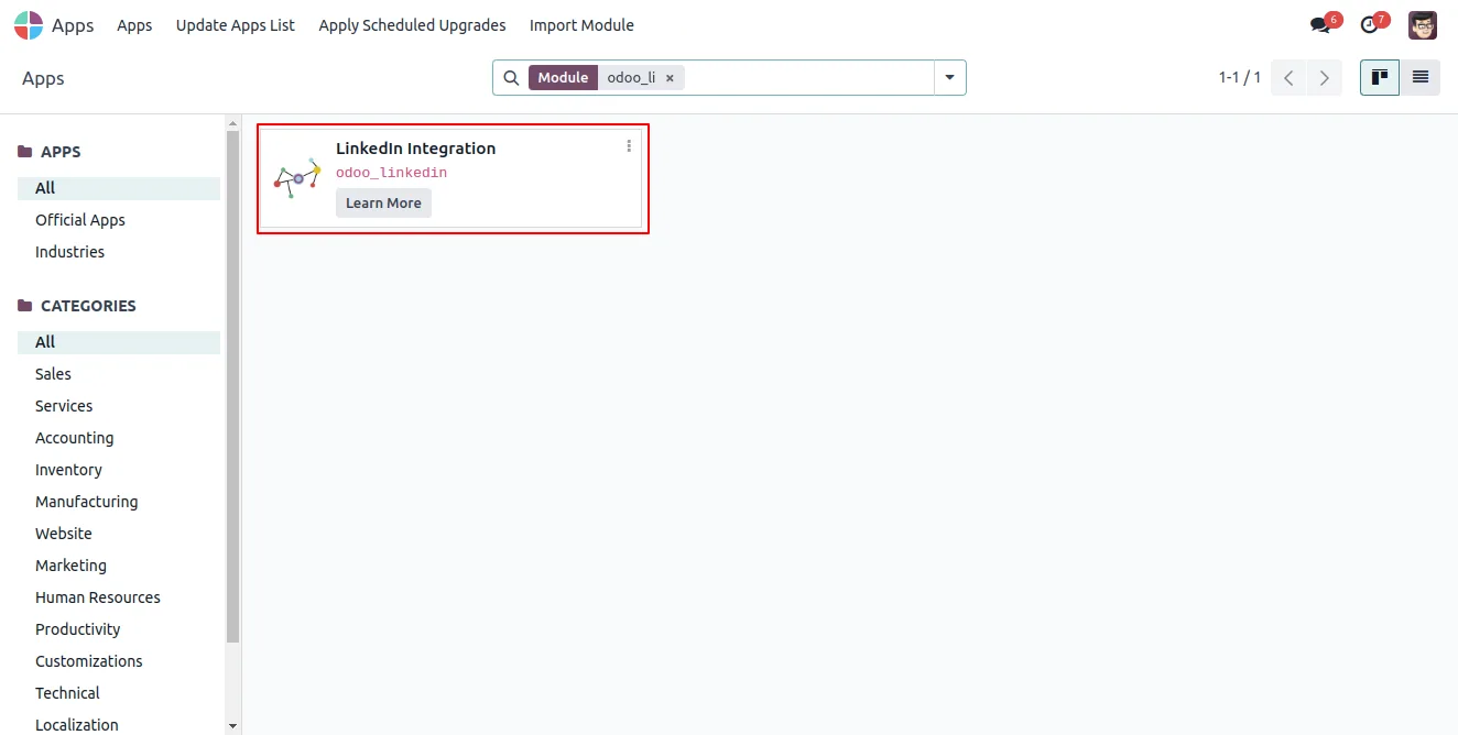 LinkedIn Integration module in the Odoo Apps list, ready to install