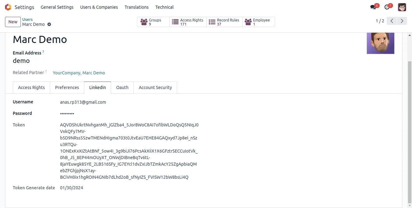 Adding LinkedIn page credentials on an Odoo user record