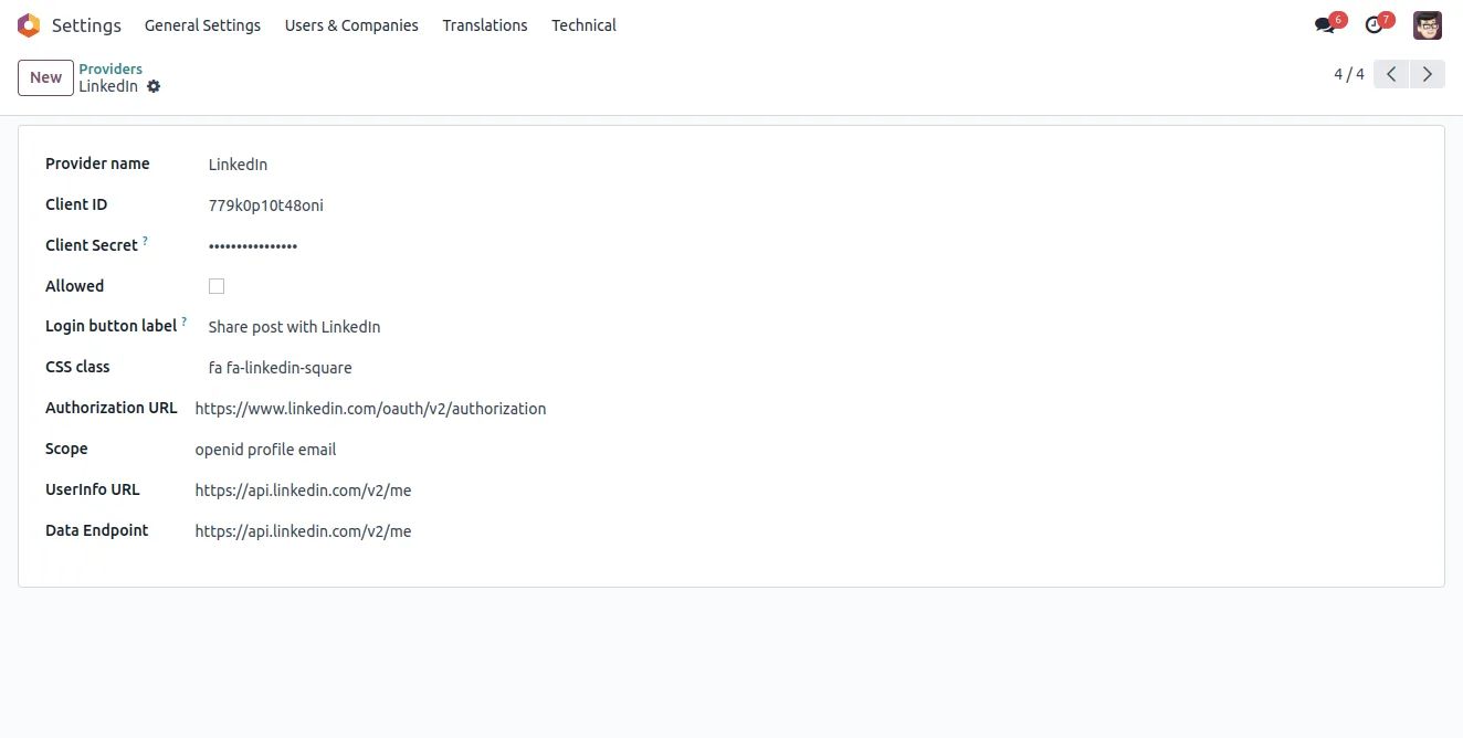 Configuring the LinkedIn OAuth provider in Odoo settings