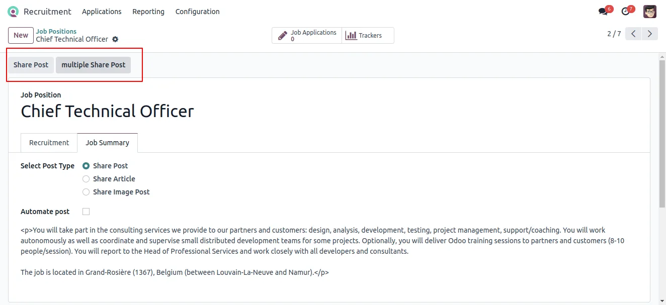 Publishing a recruitment job position to LinkedIn from the Odoo Recruitment app