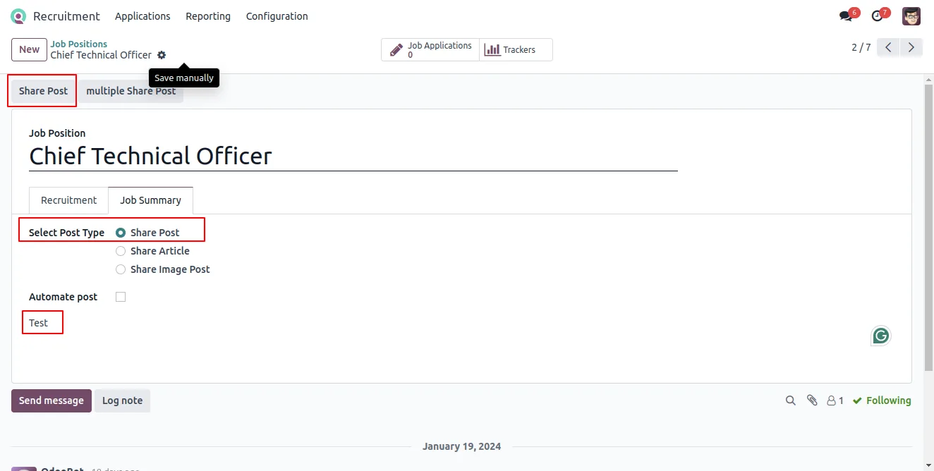 LinkedIn post composer with formatting options in Odoo