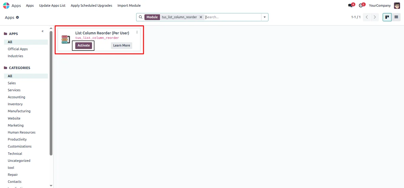List Column Reorder module page in the Odoo Apps store