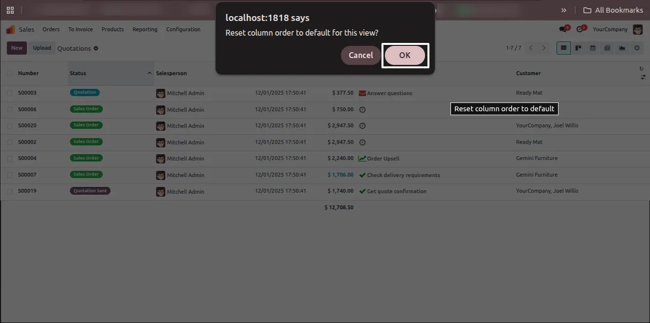 Dragging a column header to a new position in an Odoo list view