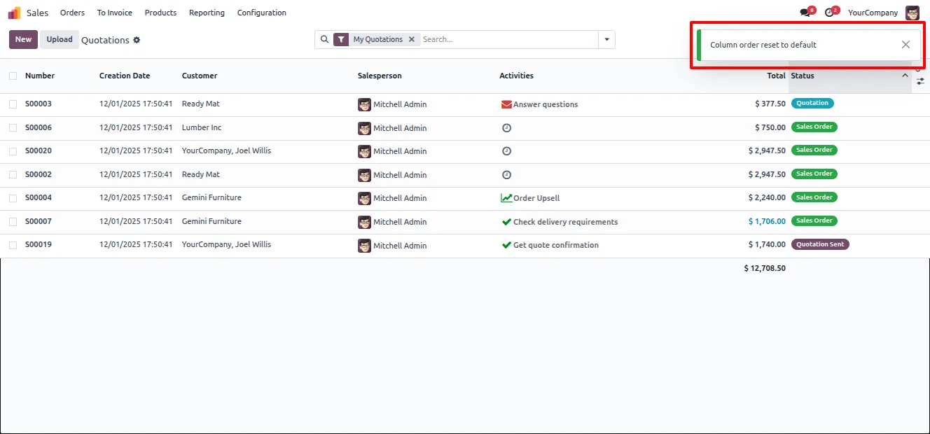 An Odoo list view with columns rearranged into a custom order