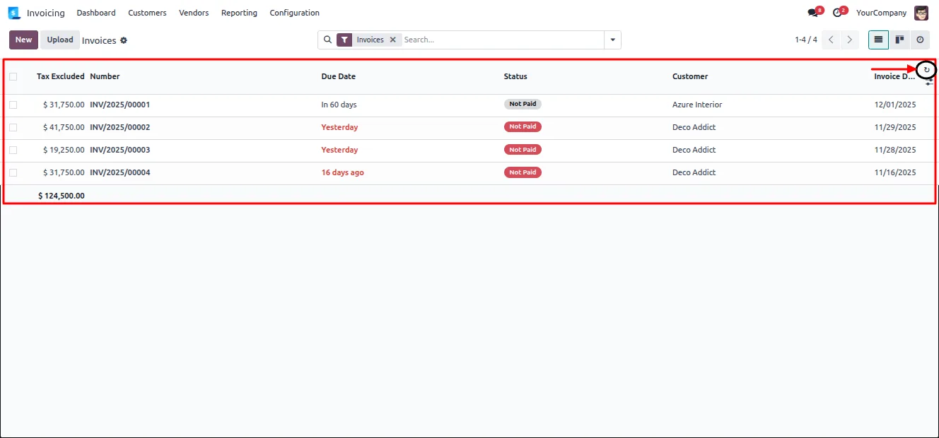 A user's saved column layout reloaded in an Odoo list view