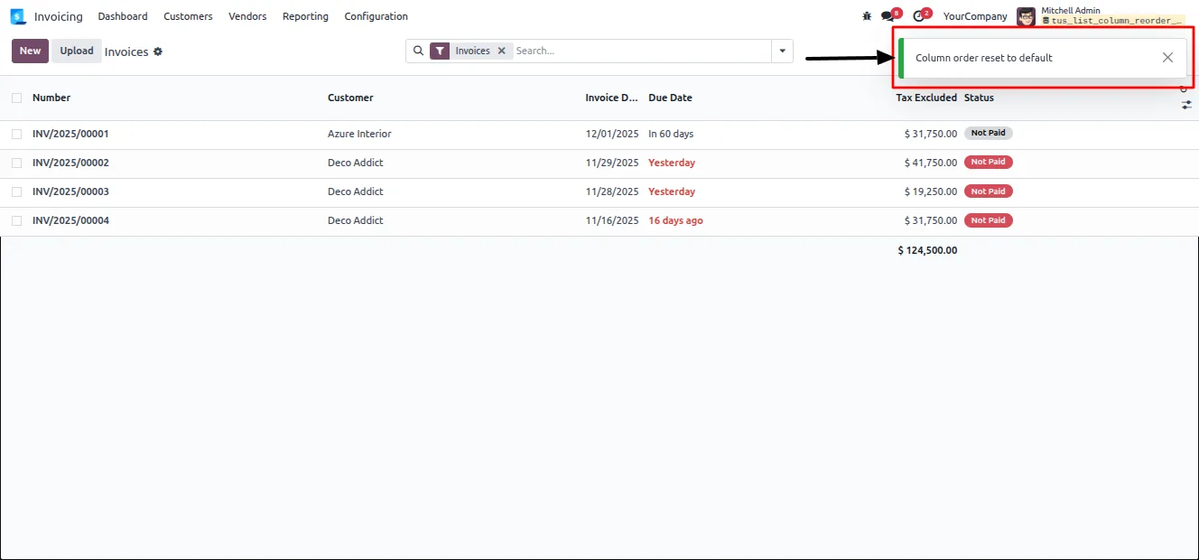 The reset column order action in an Odoo list view header