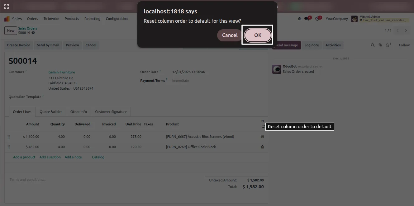 Per-user column reordering applied to a custom Odoo list view