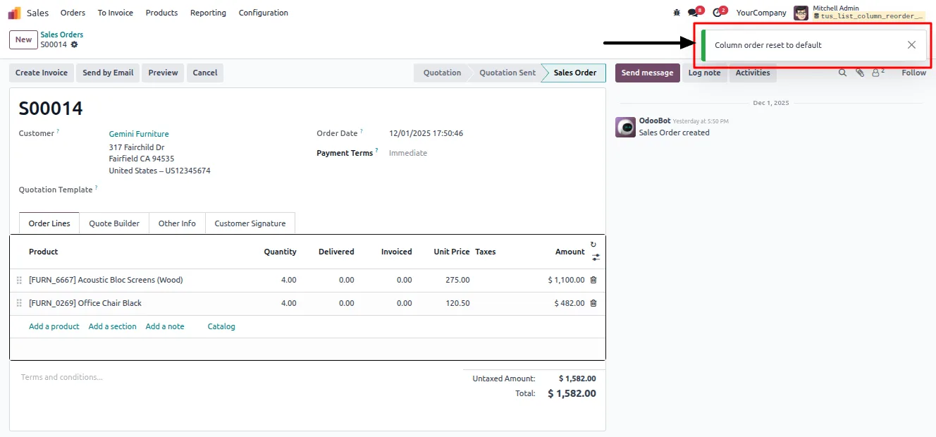 An Odoo list view back at its default column order after a reset