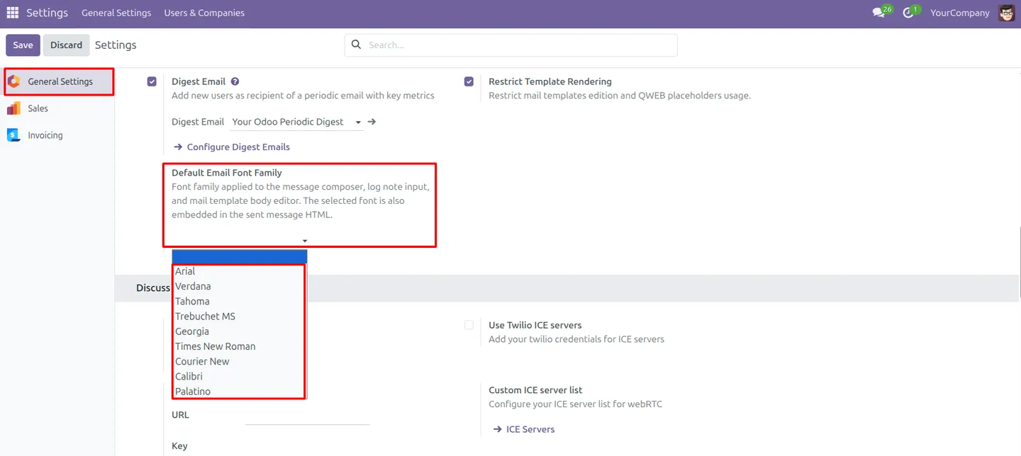 The mail font list configuration in Odoo General Settings