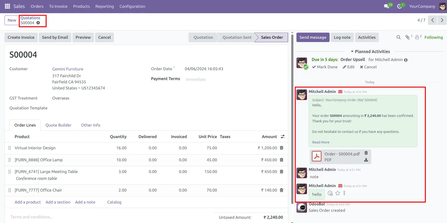 A chatter log note in Odoo using the default mail font