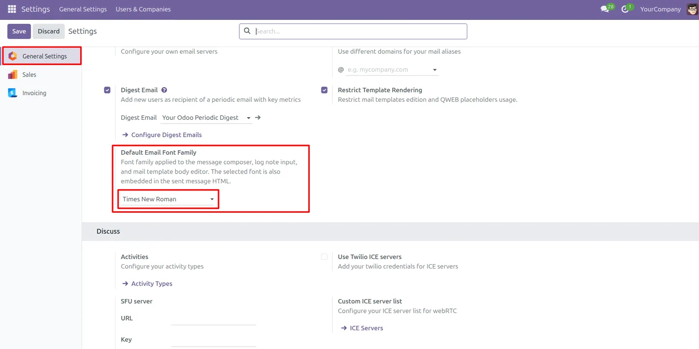Selecting a Roman font in the Odoo mail font configuration