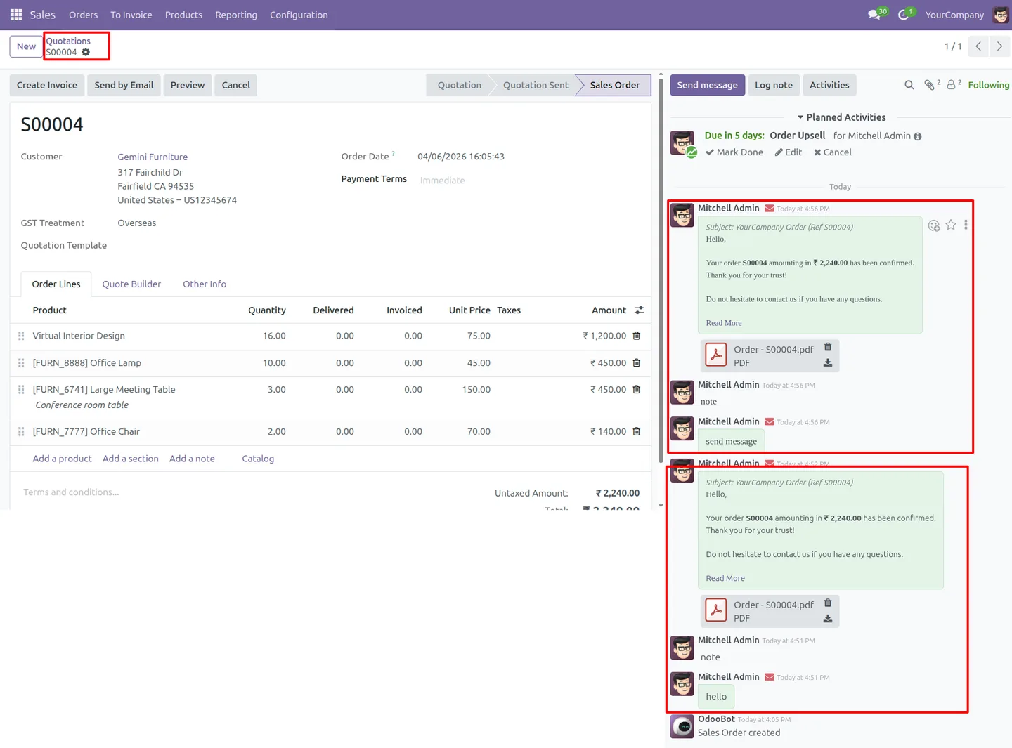 An Odoo chatter log note rendered in the configured Roman font