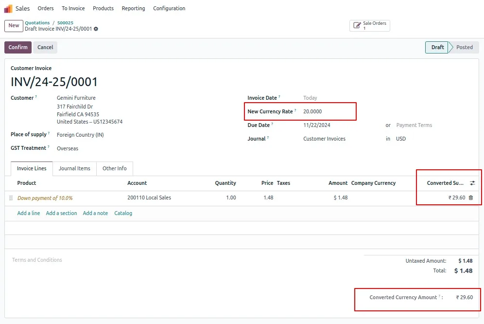 Exchange-rate difference shown after a manual rate adjustment in Odoo