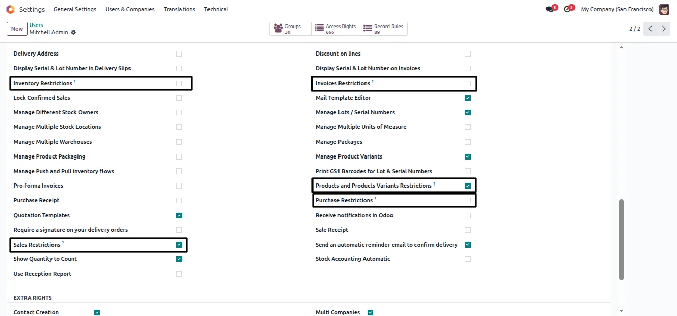 Advanced Many2one Restrictions options shown on an Odoo user record