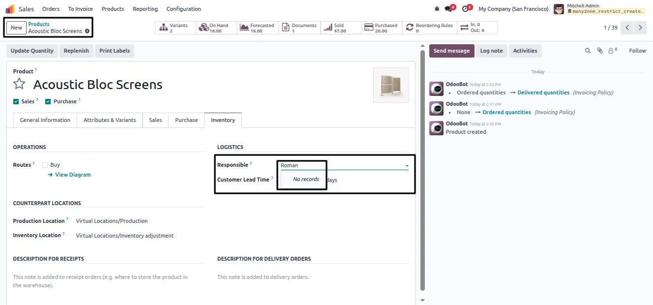 A Many2one customer field in Odoo with the Create shortcut removed