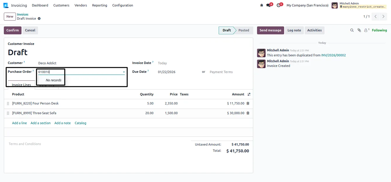 A vendor Many2one field on an Odoo invoice with the Open action hidden